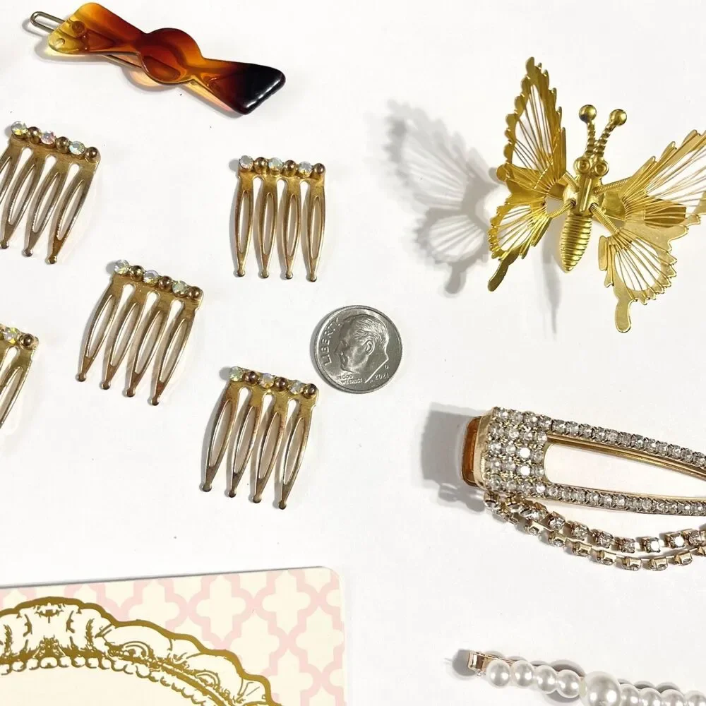 Vtg Retro Gold Tone Hair Barrettes Pins Combs Clip Rhinestone Butterfly Flower